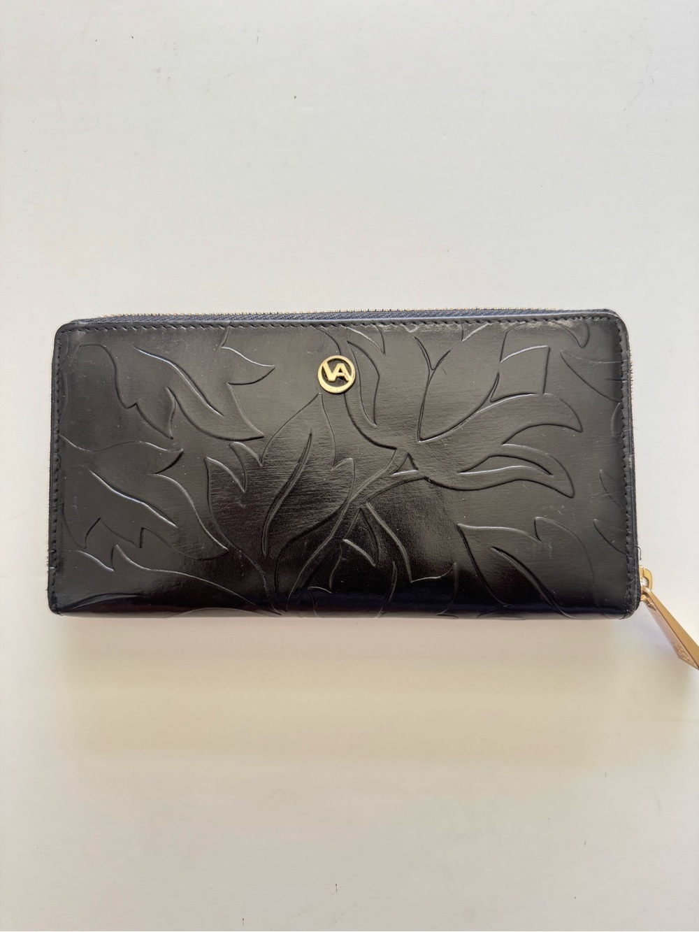 Valentina Black Floral Embossed Leather Zip Wallet